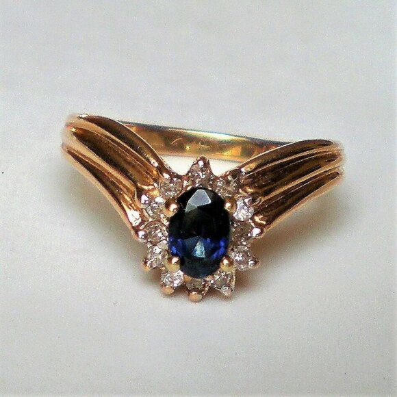 Vintage Solid 14K Yellow Gold 0.73CT Sapphire Diamond V Design Chevron Ring P - Picture 4 of 10